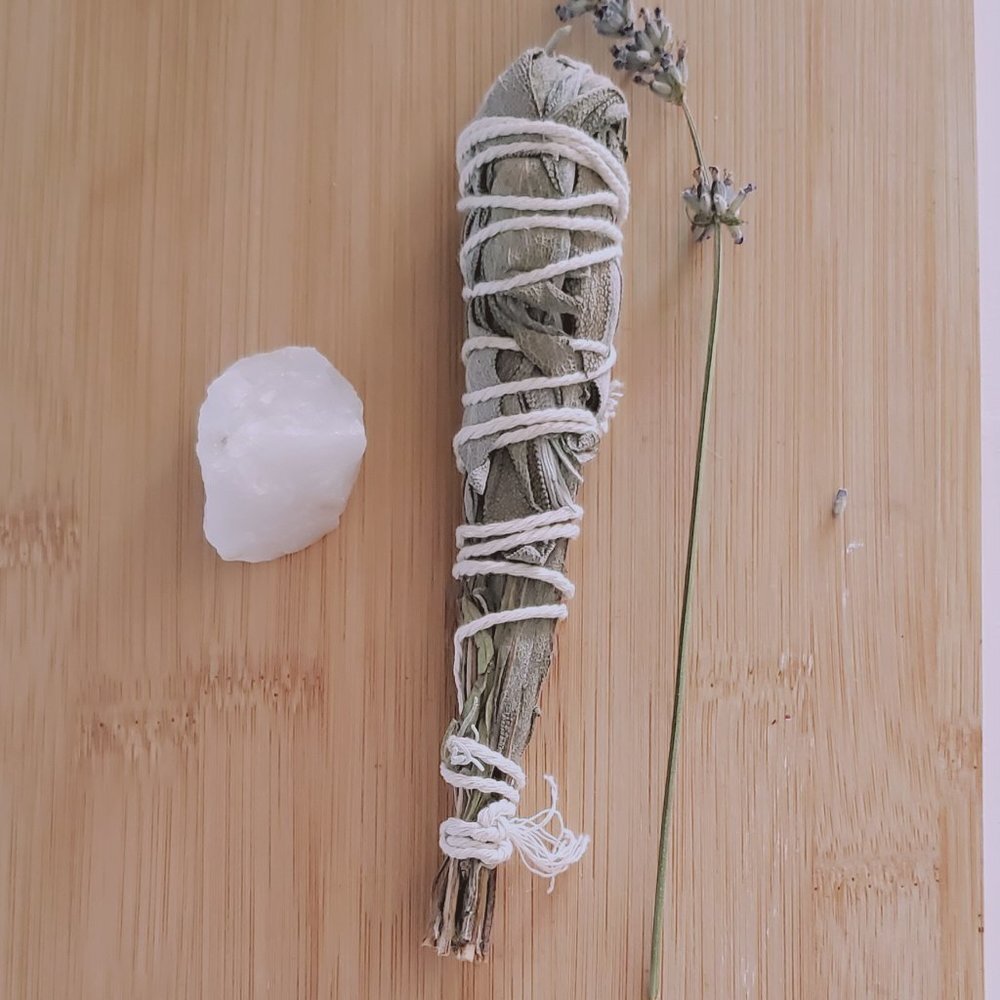 Organic White Sage + Lavender Smudge + Brazilian White Quartz Mineral Gemstone